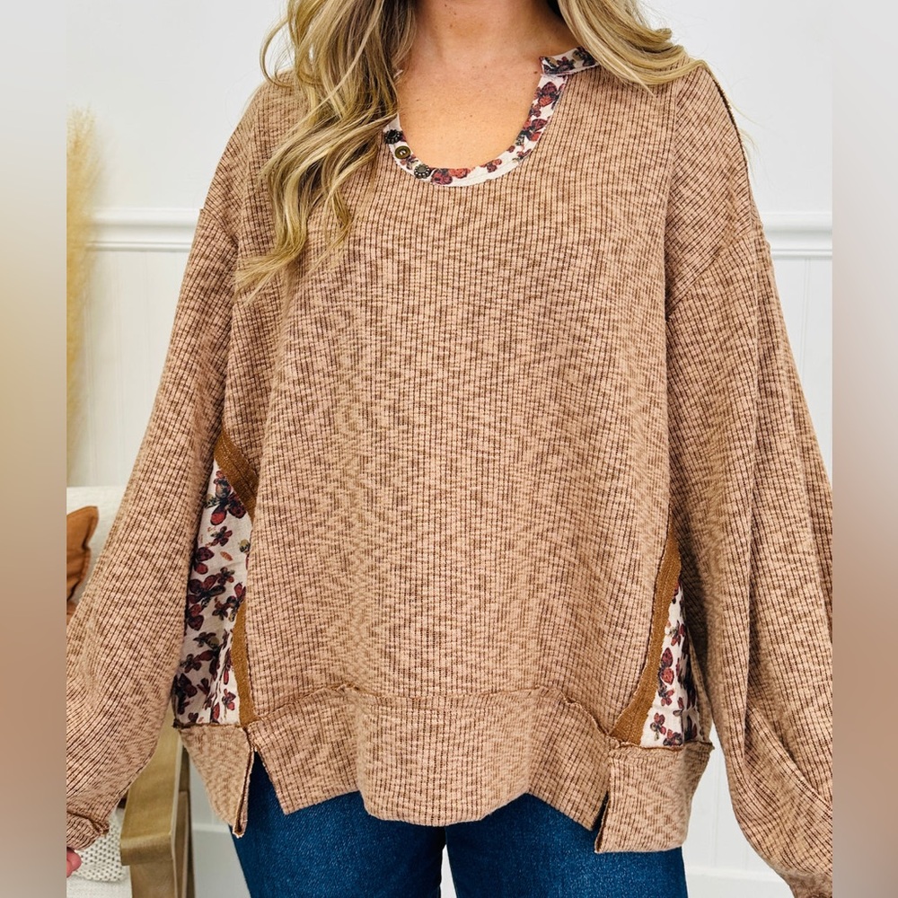 POL Cozy Brown Knit Sweater with Floral Accents